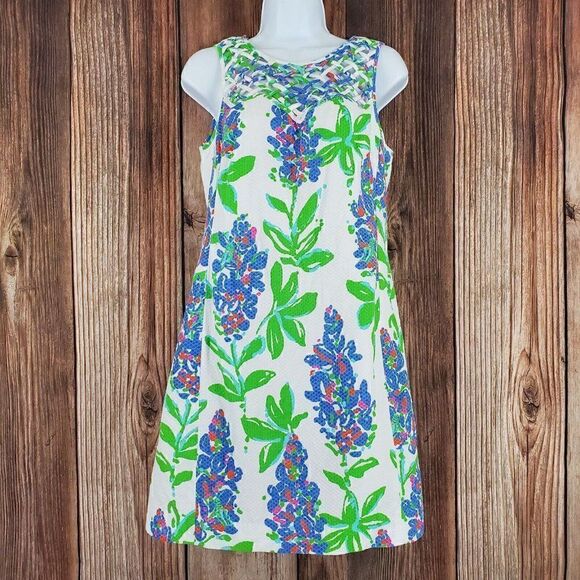 𝅺Lilly Pulitzer Ricci Shift Dress Womens 6 Fresh Cut Blue Bonnets Lattice Front - Picture 1 of 12